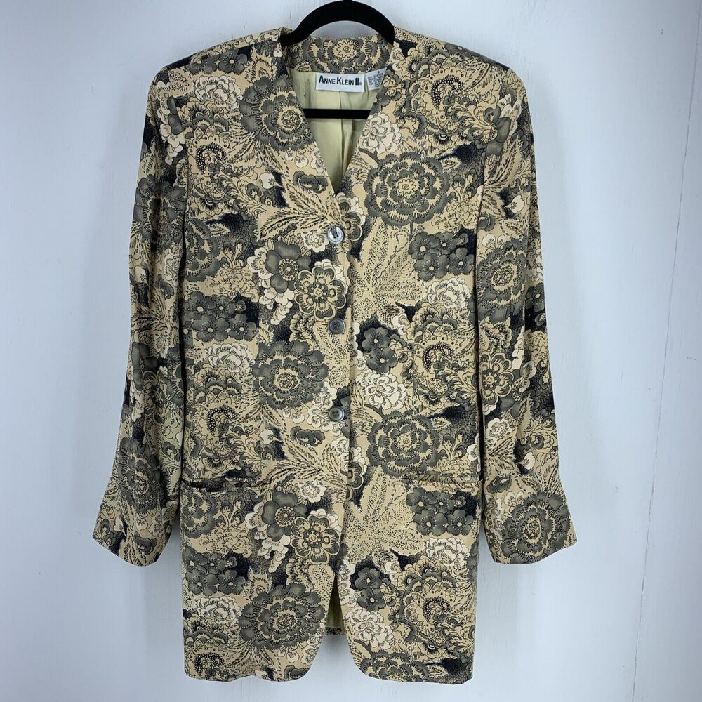 Vtg Anne Klein 8 Silk Jacket Monochromatic Floral Artsy Classic Professional
